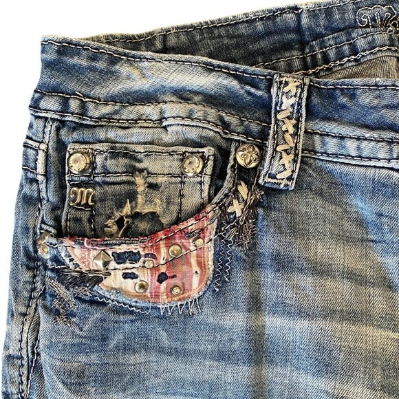Miss Me Signature Bootcut Jeans Distressed Patchwork-Plaid Pocket Sz 32 #178H - Picture 5 of 14